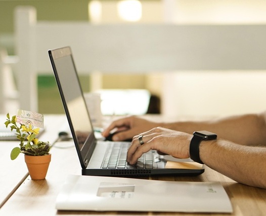 A person typing on a laptop at a wooden desk with a small potted plant and an open notebook nearby. The person is wearing a smartwatch and a ring.